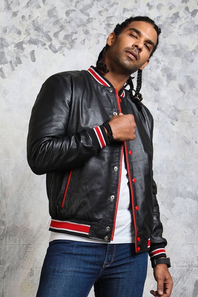 Men's Black and Red Bomber Jacket - Rare Leather