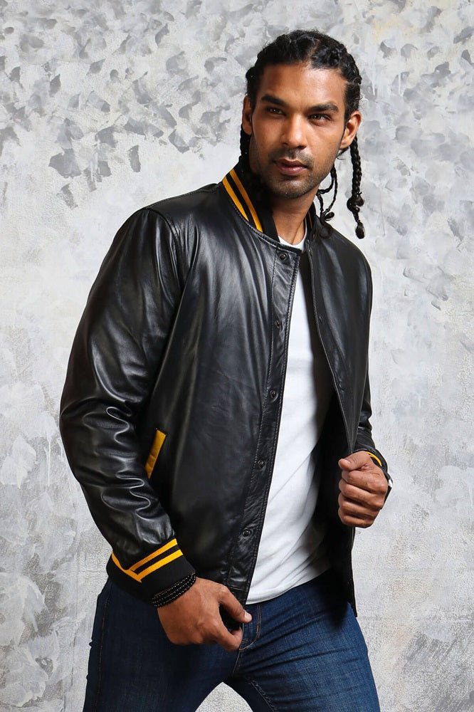 Men's Black and Yellow Bomber Jacket - Rare Leather
