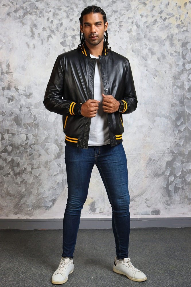 Men's Black and Yellow Bomber Jacket - Rare Leather
