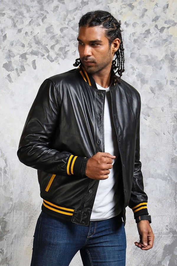 Men's Black and Yellow Bomber Jacket - Rare Leather