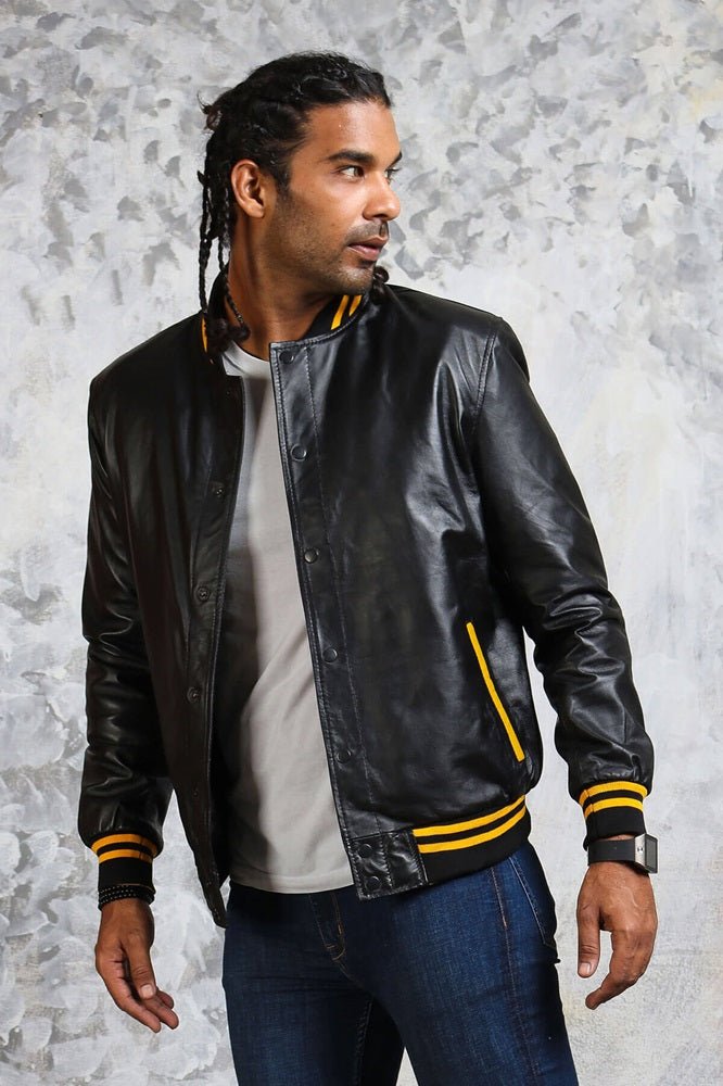 Men's Black and Yellow Bomber Jacket - Rare Leather