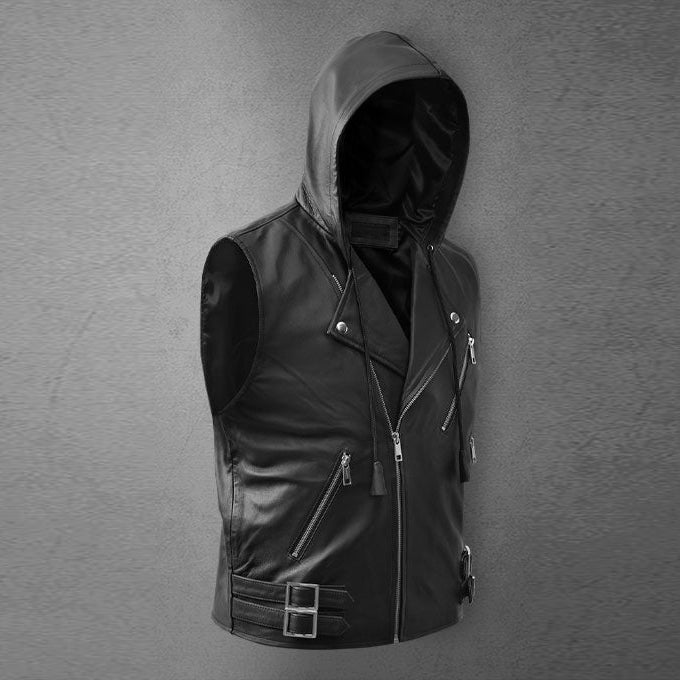 Men's Black Asymmetrical Biker MC Club Leather Hooded Vest - Rare Leather