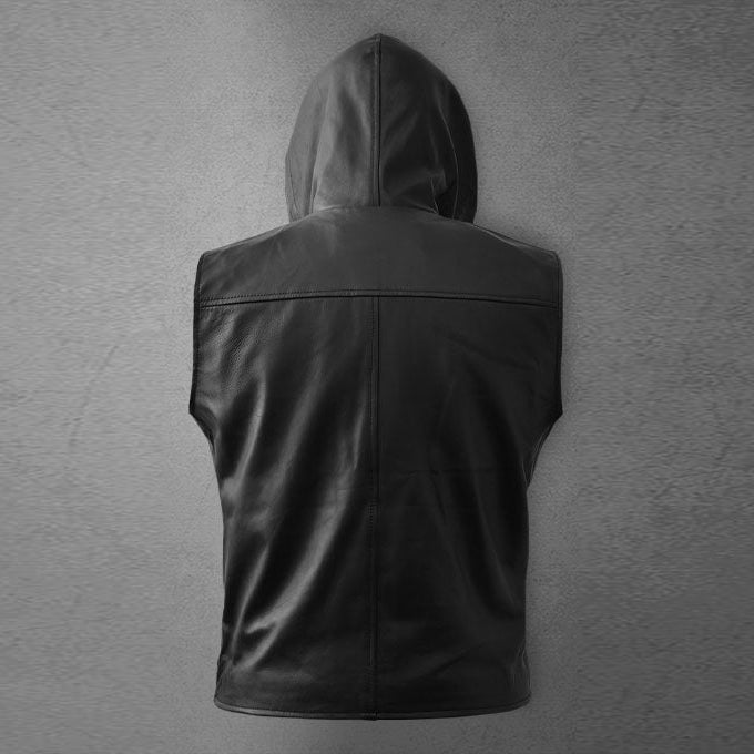 Men's Black Asymmetrical Biker MC Club Leather Hooded Vest - Rare Leather