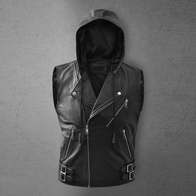 Men's Black Asymmetrical Biker MC Club Leather Hooded Vest - Rare Leather