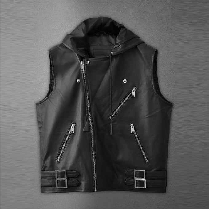 Men's Black Asymmetrical Biker MC Club Leather Hooded Vest - Rare Leather