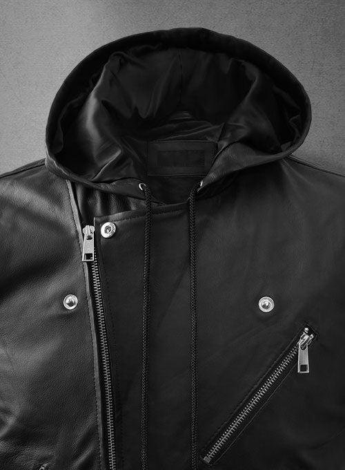 Men's Black Asymmetrical Biker MC Club Leather Hooded Vest - Rare Leather