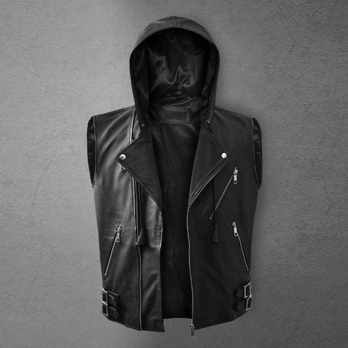 Men's Black Asymmetrical Biker MC Club Leather Hooded Vest - Rare Leather