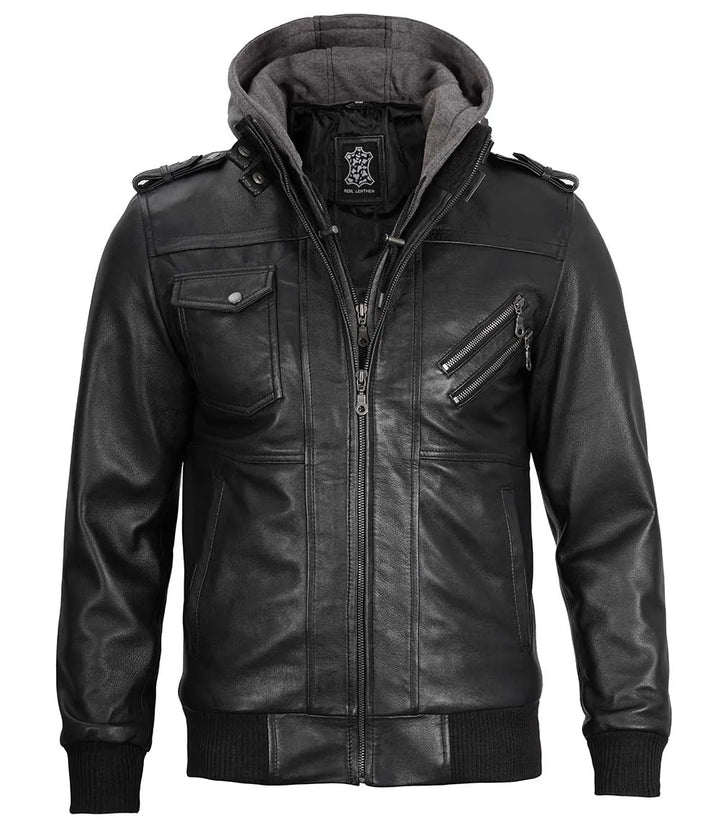 Men's Black Bomber Leather Jacket with Removable Hood - Rare Leather
