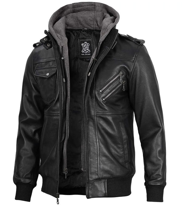 Men's Black Bomber Leather Jacket with Removable Hood - Rare Leather