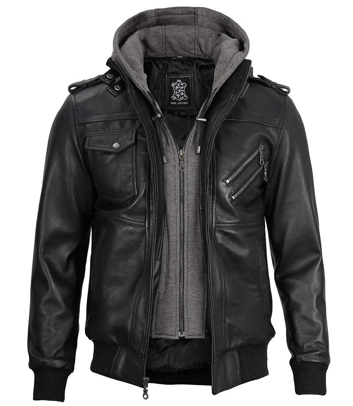 Men's Black Bomber Leather Jacket with Removable Hood - Rare Leather