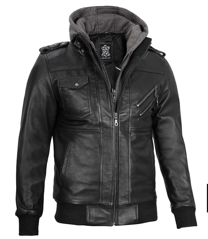Men's Black Bomber Leather Jacket with Removable Hood - Rare Leather