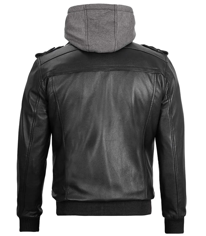 Men's Black Bomber Leather Jacket with Removable Hood - Rare Leather