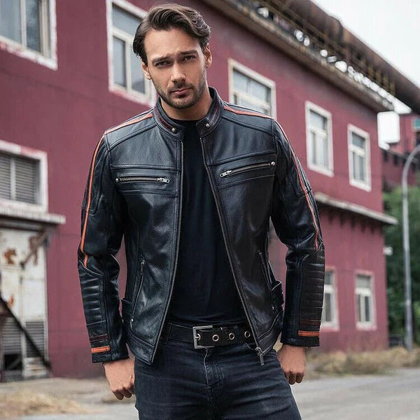 Men's Black Lambskin Cafe Racer Retro Slim Fit Biker Leather Motorcycle Jacket - Rare Leather