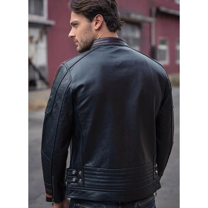 Men's Black Lambskin Cafe Racer Retro Slim Fit Biker Leather Motorcycle Jacket - Rare Leather