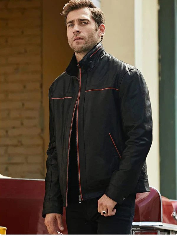 Men's Black Leather Jacket With Red Stripes - Rare Leather