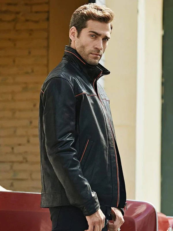 Men's Black Leather Jacket With Red Stripes - Rare Leather