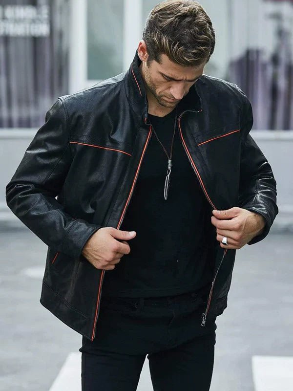 Men's Black Leather Jacket With Red Stripes - Rare Leather