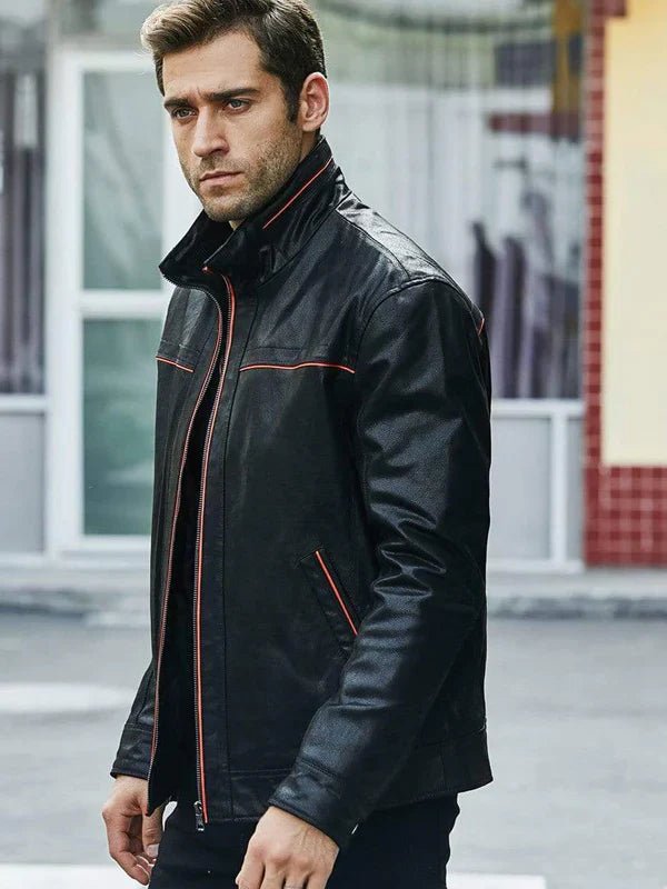 Men's Black Leather Jacket With Red Stripes - Rare Leather