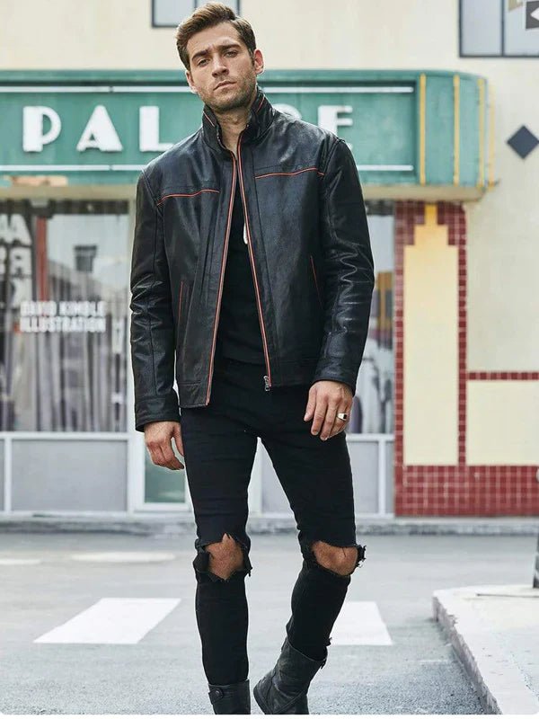 Men's Black Leather Jacket With Red Stripes - Rare Leather
