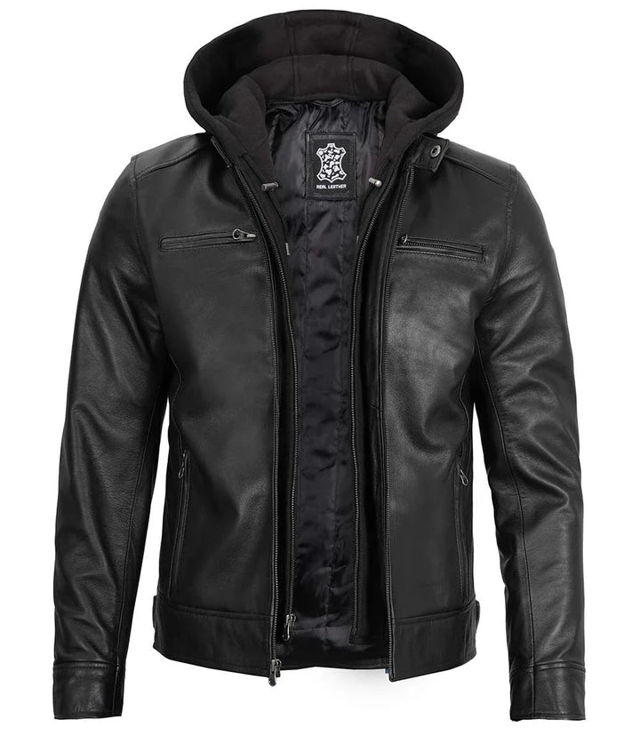 Men's Black Moto Leather Jacket with Removable Hood - Rare Leather