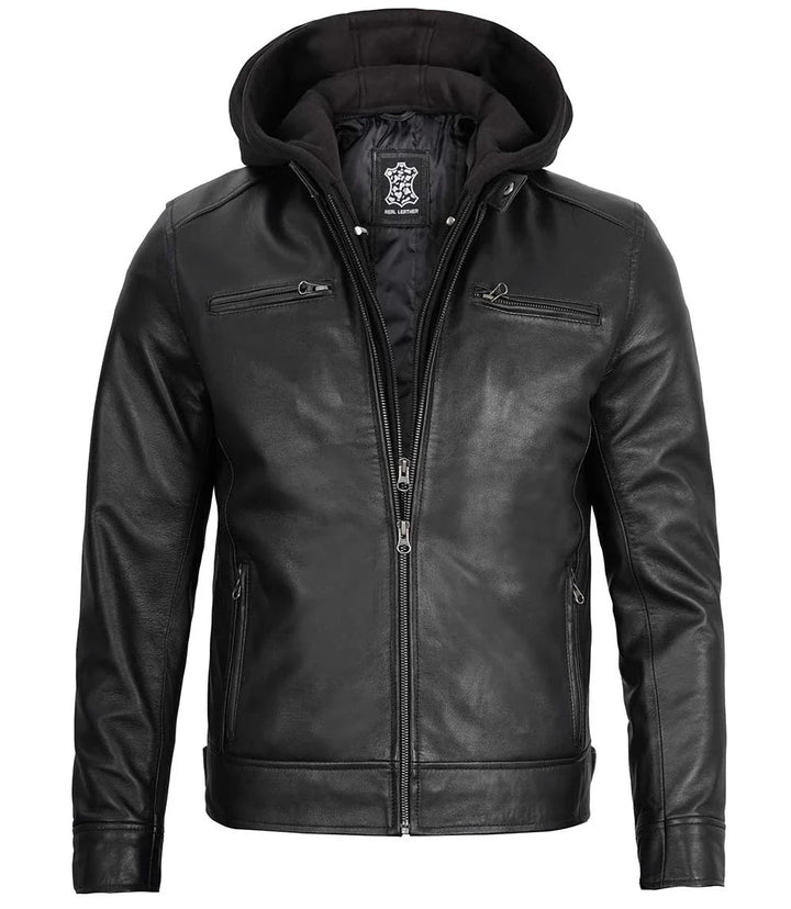 Men's Black Moto Leather Jacket with Removable Hood - Rare Leather