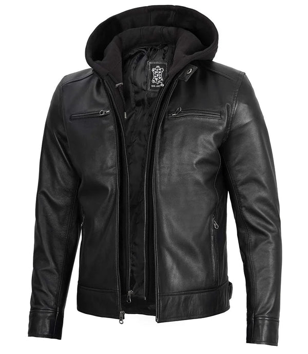 Men's Black Moto Leather Jacket with Removable Hood - Rare Leather