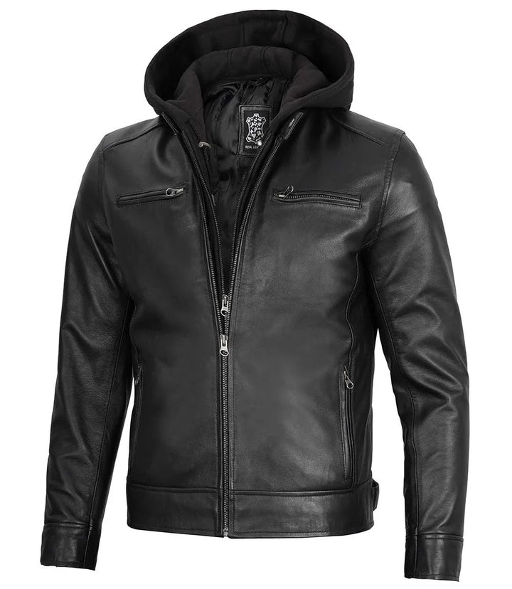 Men's Black Moto Leather Jacket with Removable Hood - Rare Leather