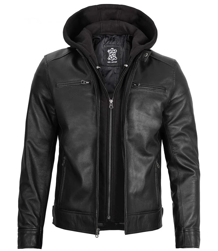 Men's Black Moto Leather Jacket with Removable Hood - Rare Leather