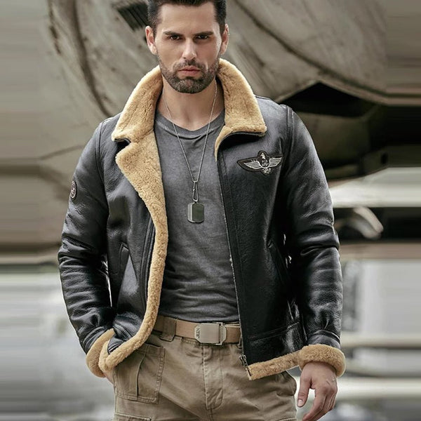 Men's Black RAF Aviator Airforce Sheepskin Shearling Leather Jacket - Rare Leather
