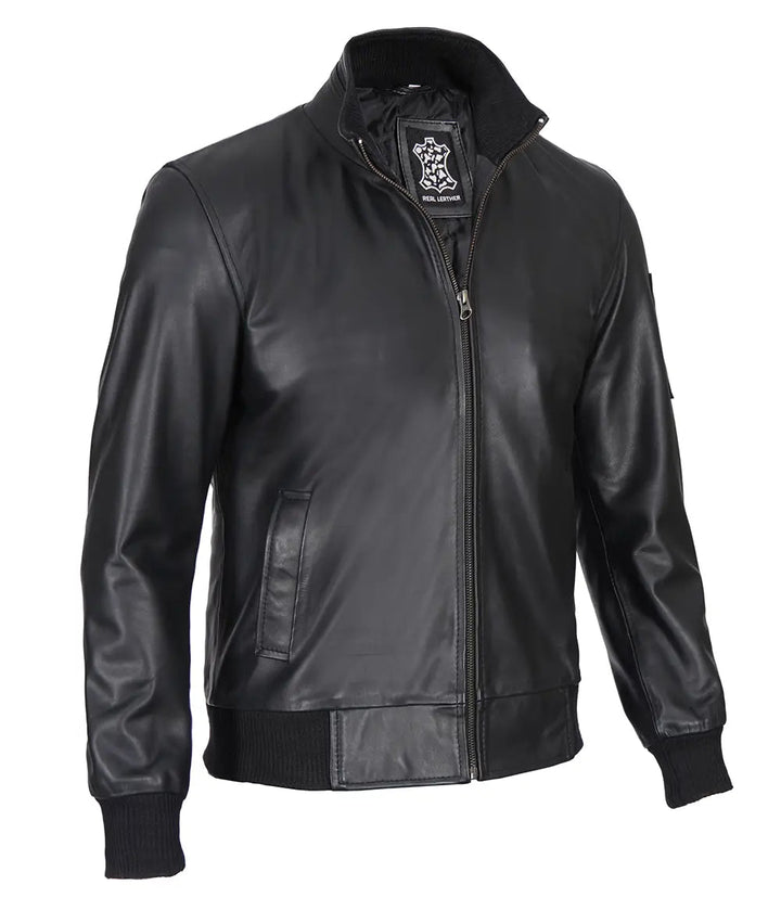 Mens Black Real Cowhide Leather Bomber Jacket - Rare Leather