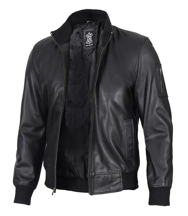 Mens Black Real Cowhide Leather Bomber Jacket - Rare Leather