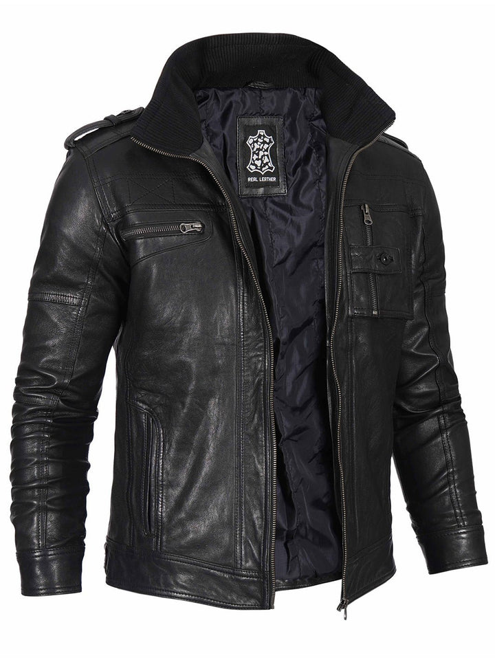 Mens Black Waxed Cafe Racer Leather Jacket - Rare Leather