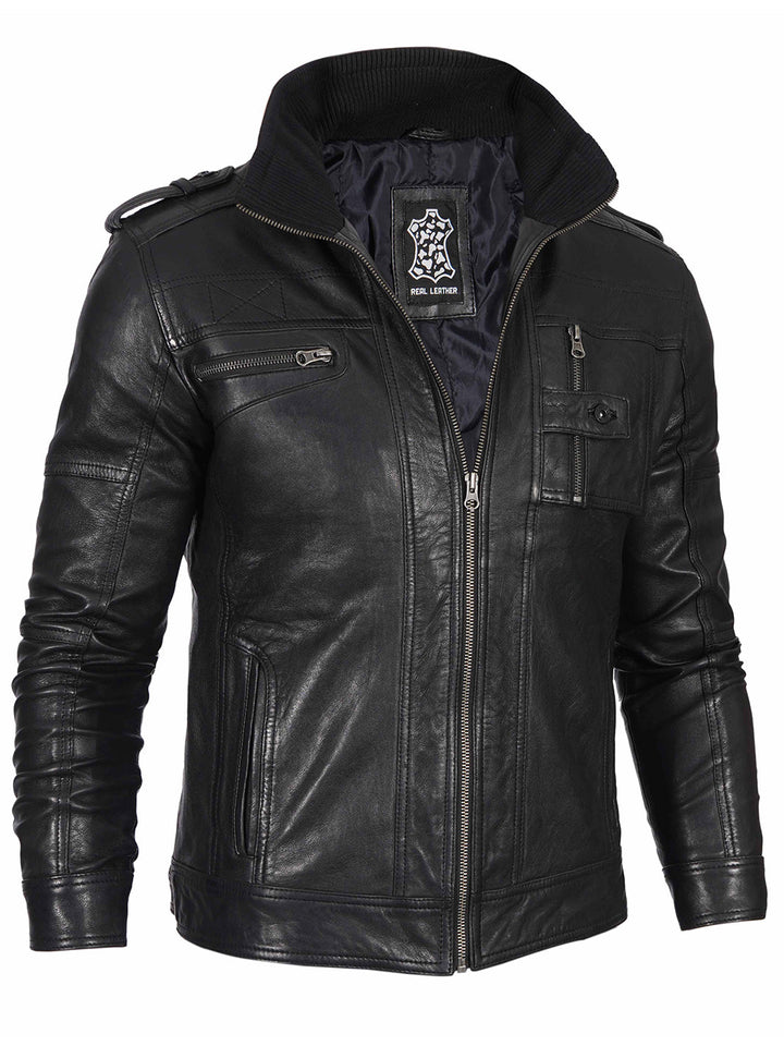 Mens Black Waxed Cafe Racer Leather Jacket - Rare Leather