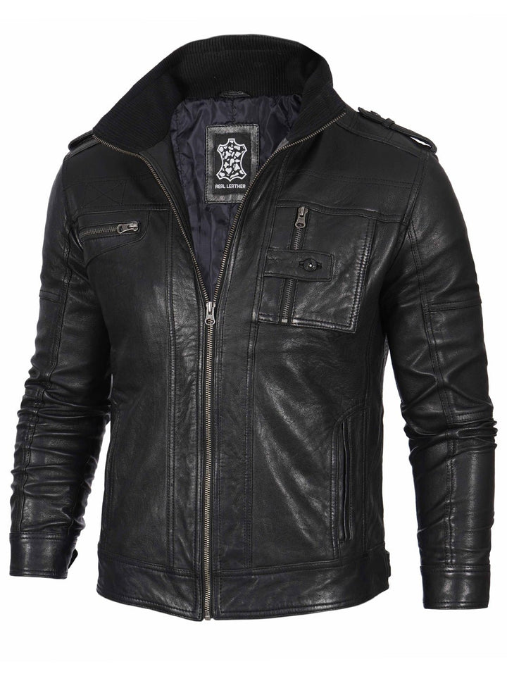 Mens Black Waxed Cafe Racer Leather Jacket - Rare Leather