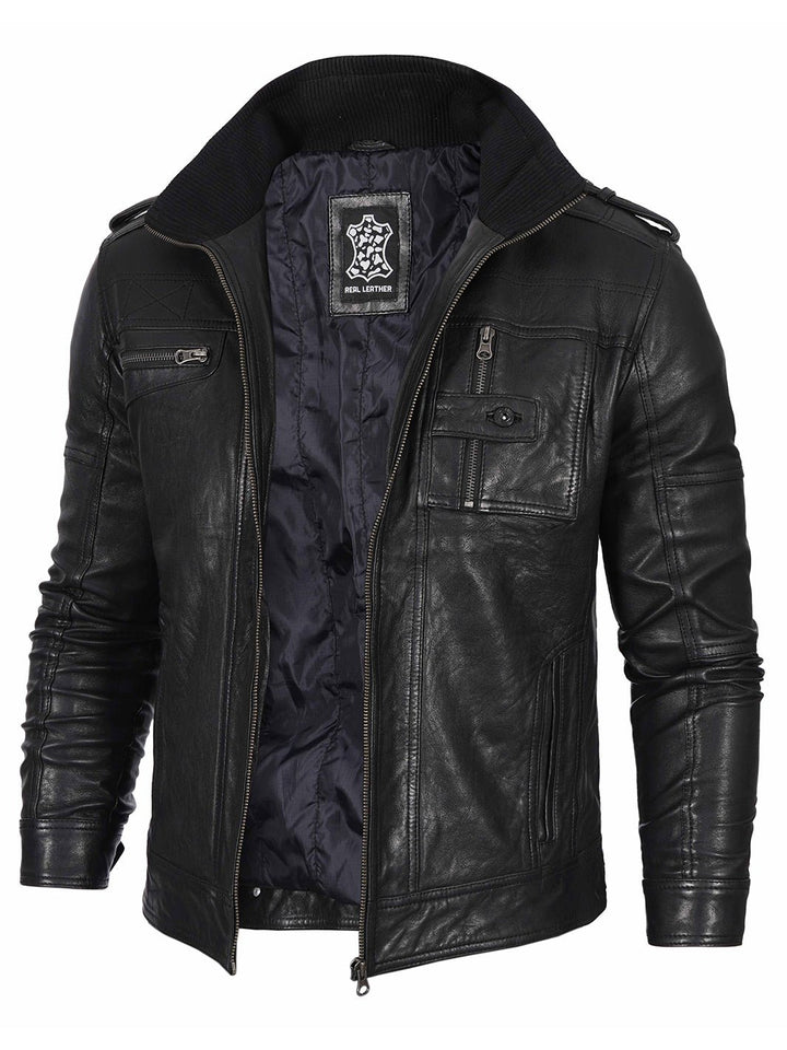 Mens Black Waxed Cafe Racer Leather Jacket - Rare Leather