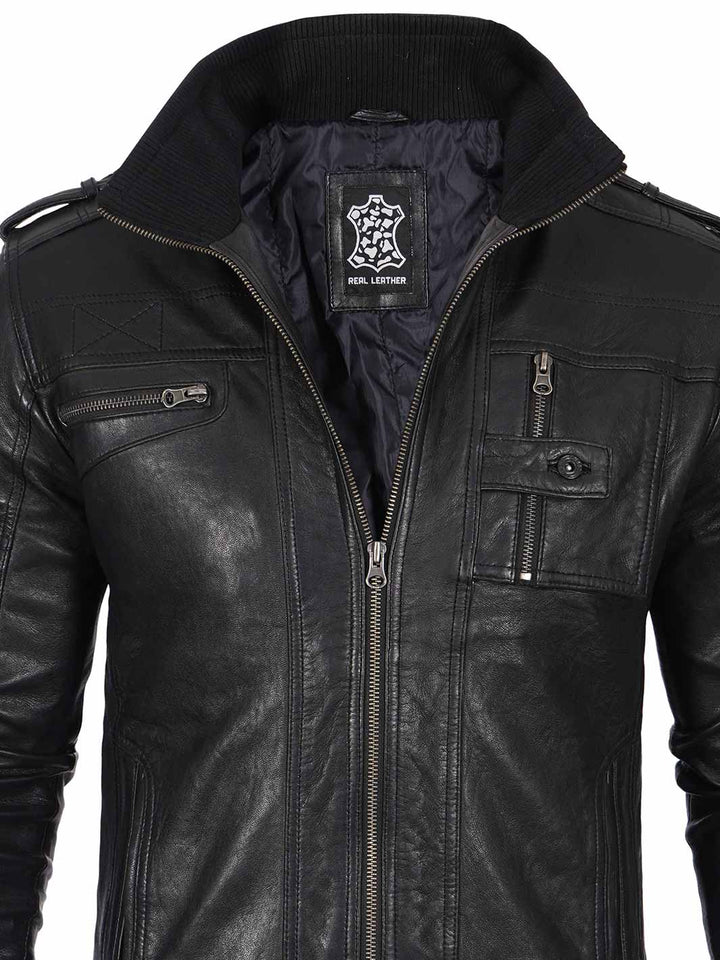 Mens Black Waxed Cafe Racer Leather Jacket - Rare Leather