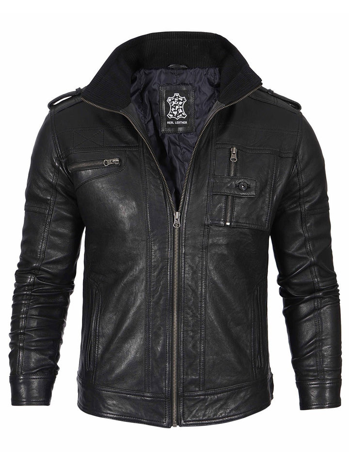 Mens Black Waxed Cafe Racer Leather Jacket - Rare Leather