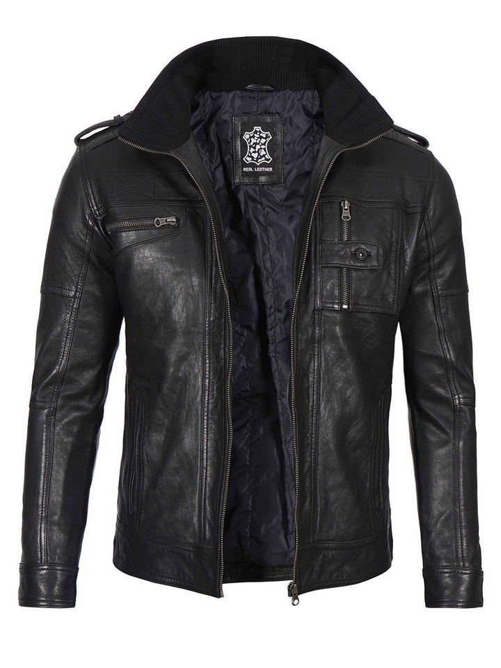 Mens Black Waxed Cafe Racer Leather Jacket - Rare Leather