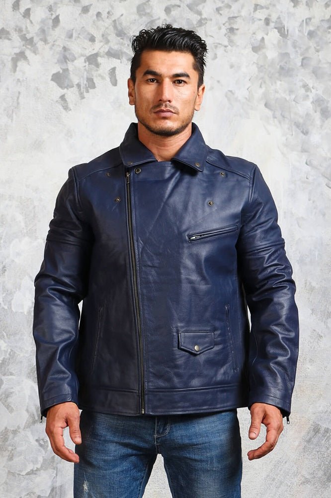 Men's Blue Motorcycle Leather Jacket - Rare Leather
