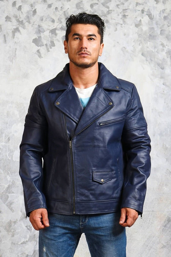 Men's Blue Motorcycle Leather Jacket - Rare Leather