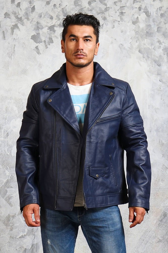 Men's Blue Motorcycle Leather Jacket - Rare Leather