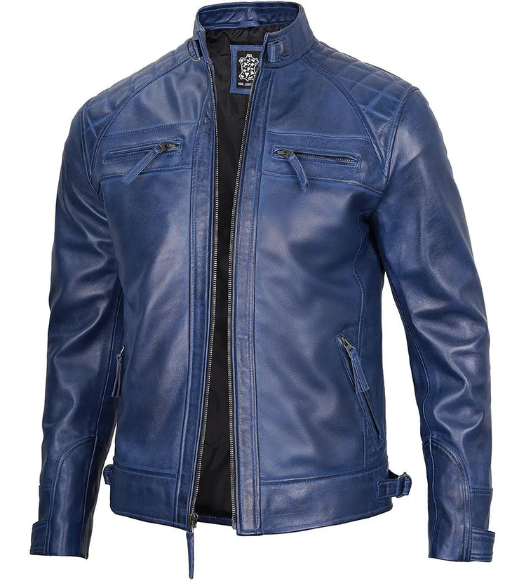 Men's Blue Wax Cafe Racer Leather Jacket - Rare Leather