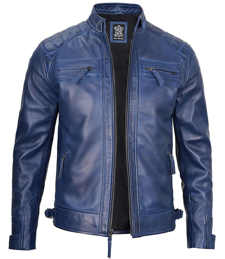 Men's Blue Wax Cafe Racer Leather Jacket - Rare Leather