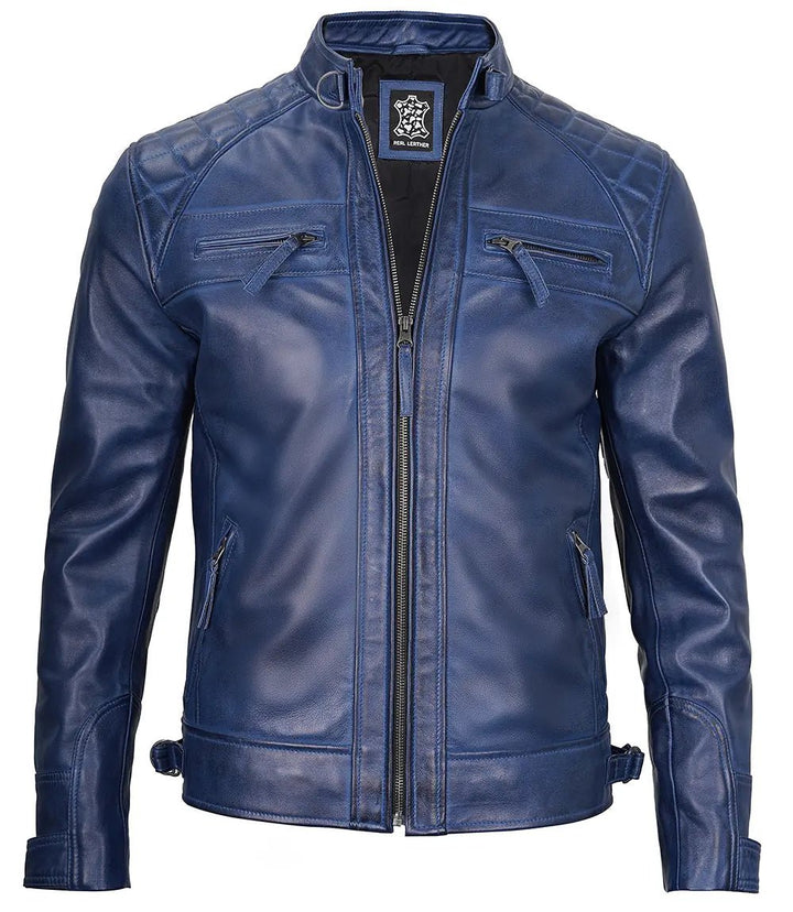 Men's Blue Wax Cafe Racer Leather Jacket - Rare Leather
