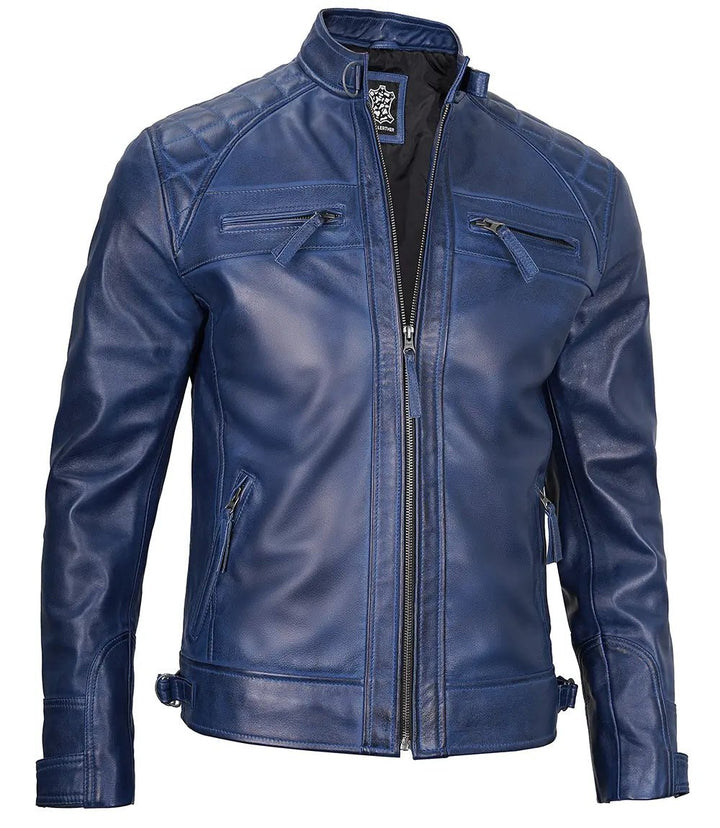Men's Blue Wax Cafe Racer Leather Jacket - Rare Leather
