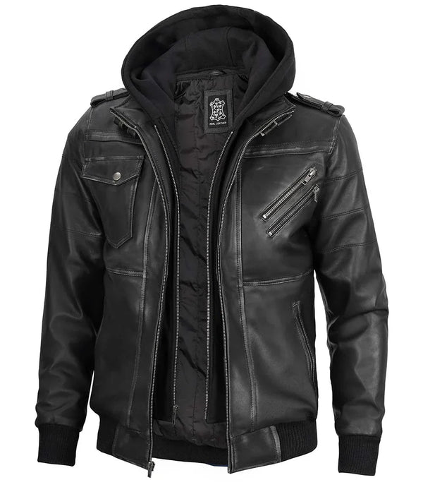 Men's Bomber Dark Grey Leather Jacket with Removable Hood - Rare Leather