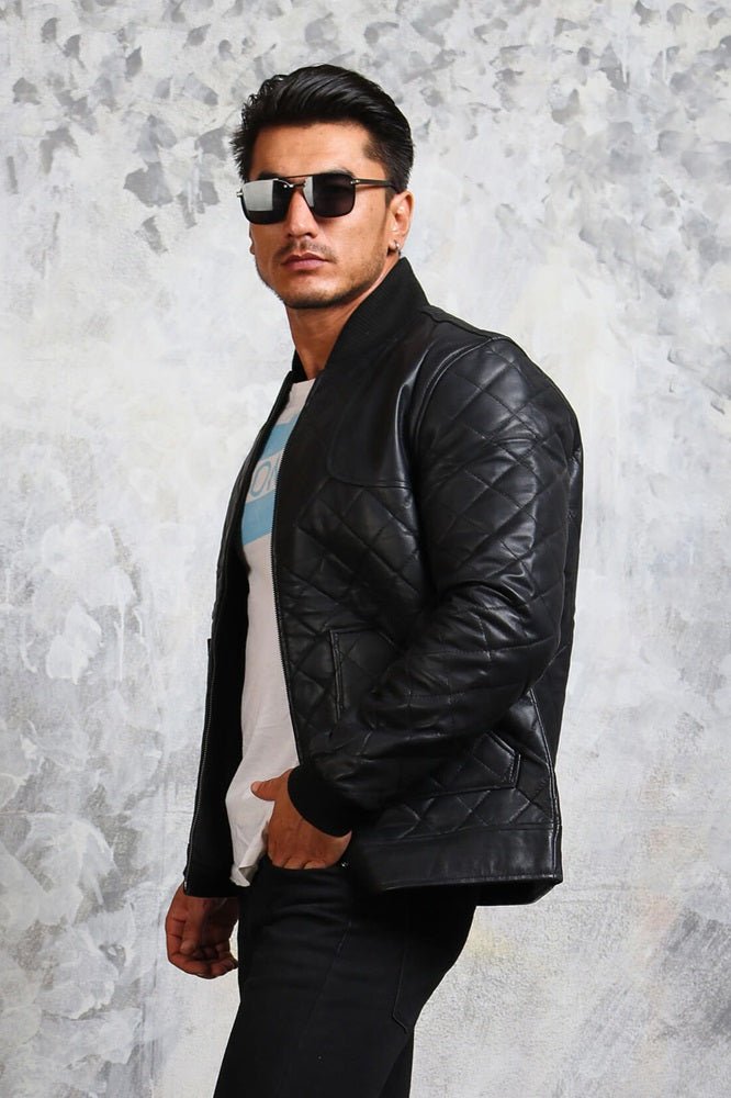 Men's Bomber Leather Jacket Diamond Quilted - Rare Leather