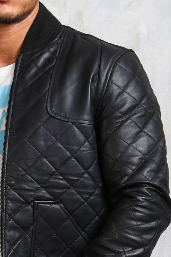 Men's Bomber Leather Jacket Diamond Quilted - Rare Leather