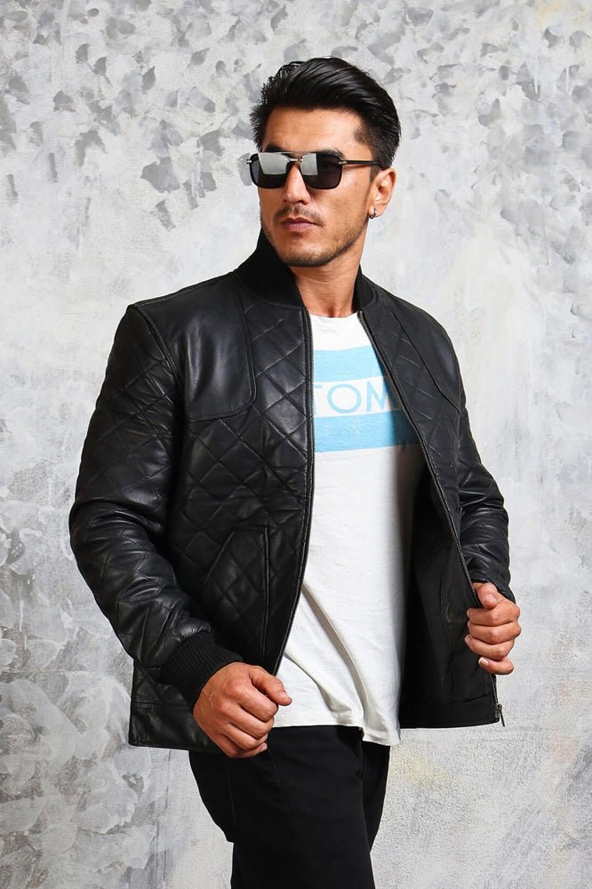 Men's Bomber Leather Jacket Diamond Quilted - Rare Leather