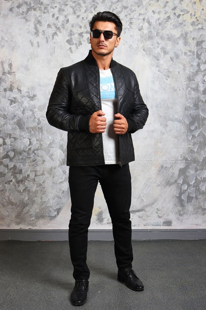 Men's Bomber Leather Jacket Diamond Quilted - Rare Leather